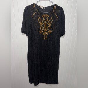 Vintage Beaded Elegant Black and Gold Embellished 100% Silk Dress| Size Large